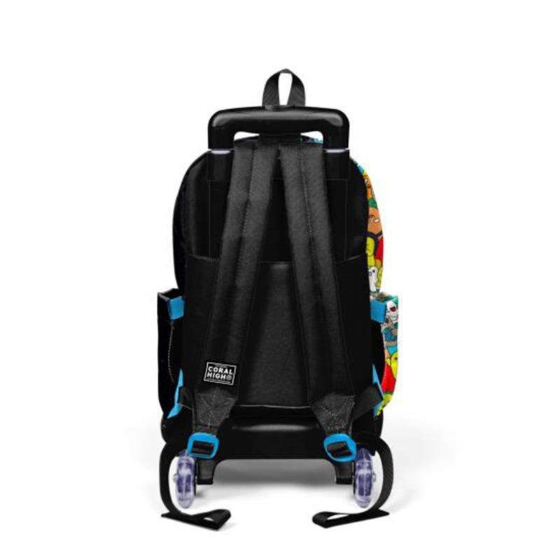 Coral High Kids Black Cartoon Patterned Three-Compartment Trolley School Backpack