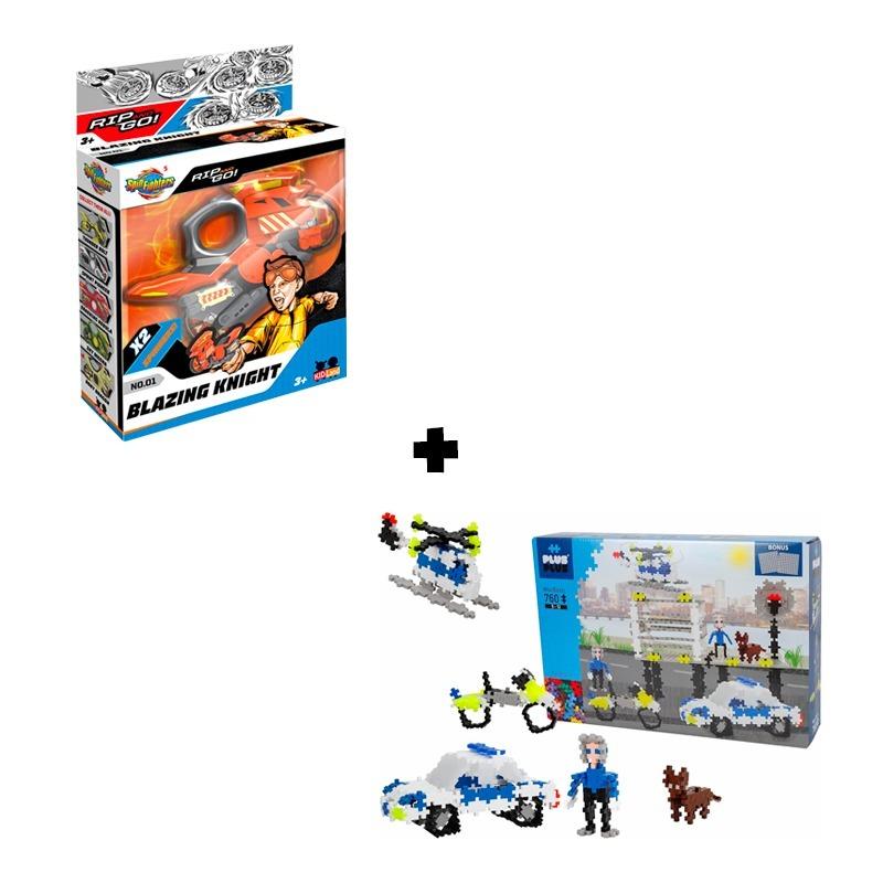 Rescue & Battle Bundle (Plus-Plus Police Building Set + Spin Fighters Blazing Knight Spin Fighters Pack)