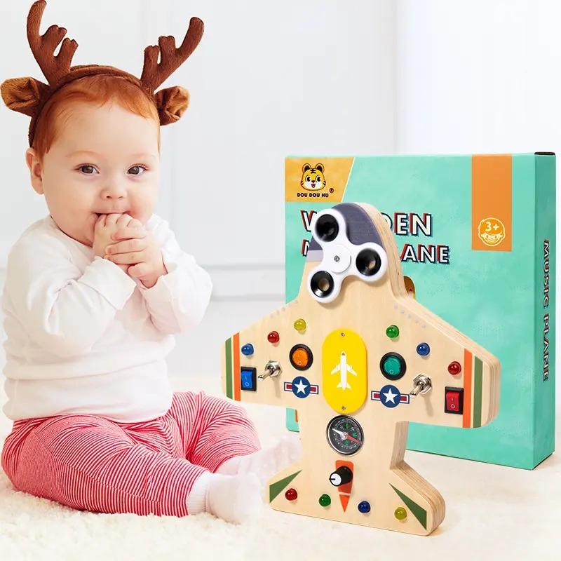 Montessori Wooden Sensory Plane with 10 Light Switches