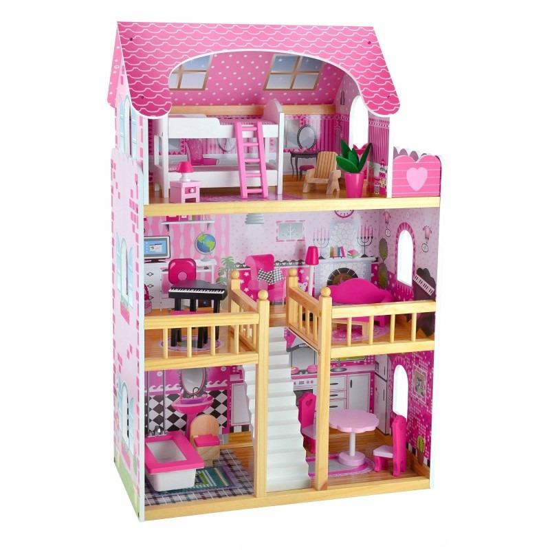 KidLand Wooden Dollhouse – 3-Storey Large Pink Mansion