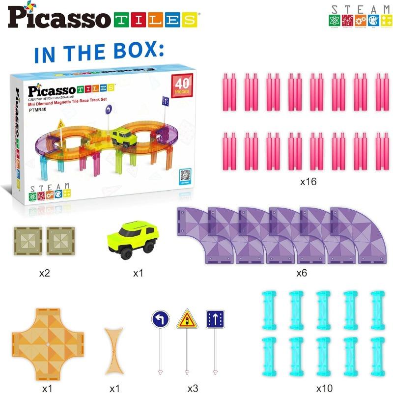 PicassoTiles Mini Diamond Magnetic Race Track Travel Set - 40 Pieces