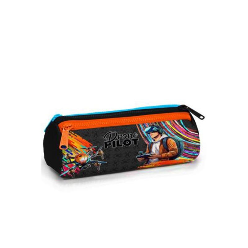 Coral High Kids Black Drone Pilot Patterned Three-Compartment Pencil Bag