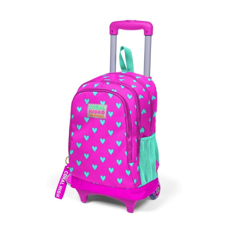 Coral High Kids Trolley School Backpack Neon Pink Aqua Green Heart Patterned