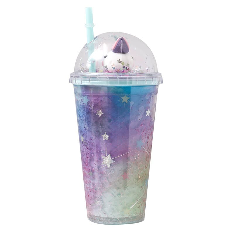 Unicorn Water Bottle Straw Type With Lid 500ml - Multicolors