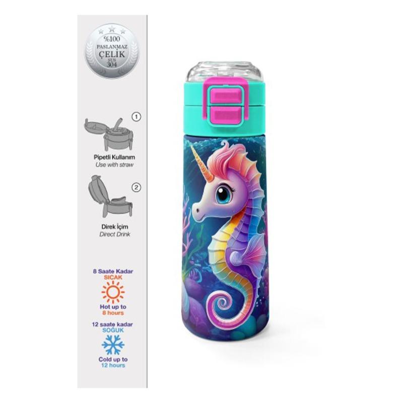 Coral High Kids - Seahorse Patterned Straw and Direct Drinking Steel Thermos 500 ml