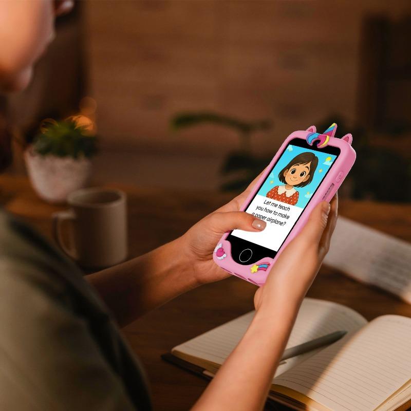 هاتف تعليمي للأطفال بشاشة بدون إجهاد للعين وكاميرا عالية الدقة ومحتوى تعليمي مدمج وتحكم رقابي للوالدين مع تحديد وقت الشاشة والتطبيقات ومكالمات طوارئ عبر الواي فاي ومتجر تطبيقات آمن للأطفال – تصميم يونيكورن وردي