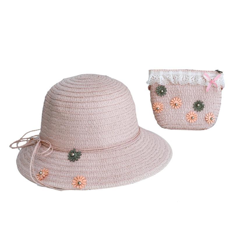 Flower Beige Hat And Bag - Pink