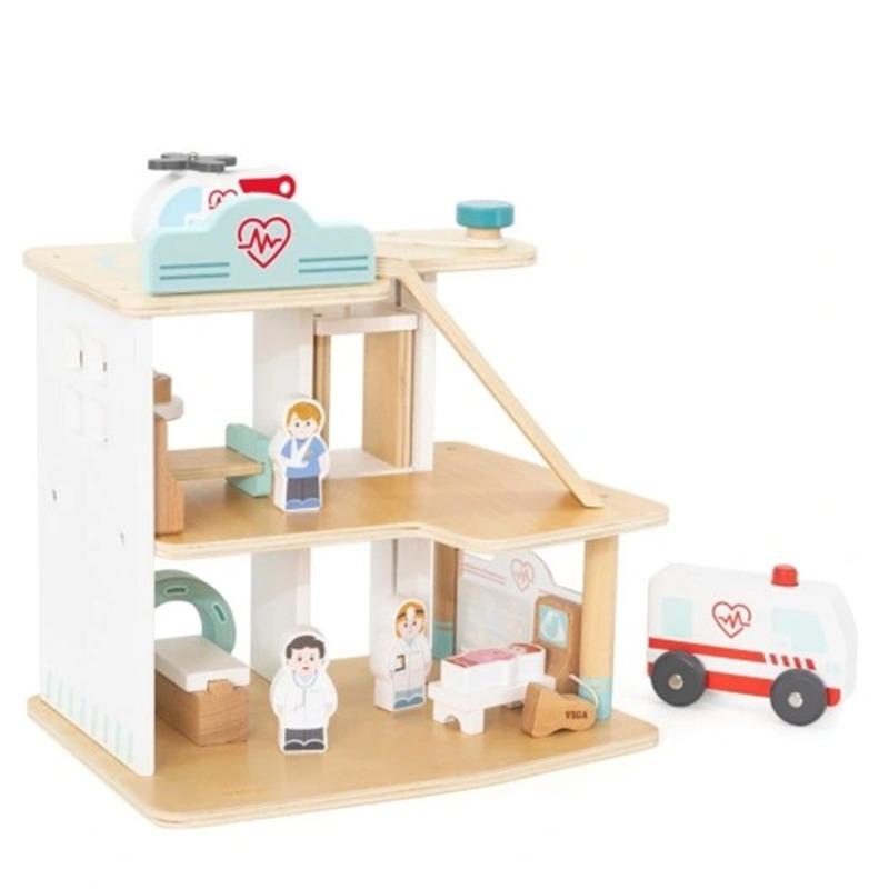 Viga Wooden Hospital Set with Ambulance Lift - 15 Pieces