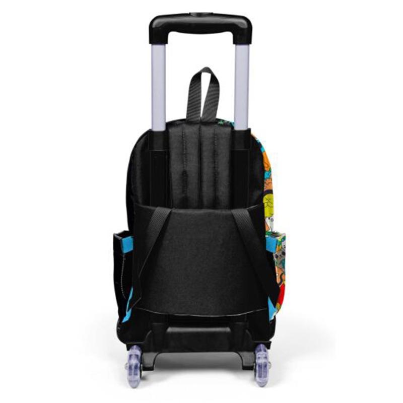 Coral High Kids Black Cartoon Patterned Three-Compartment Trolley School Backpack