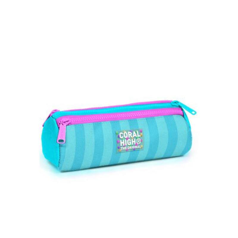Coral High Kids - Turquoise Pink Striped Three-Compartment Pencil Bag