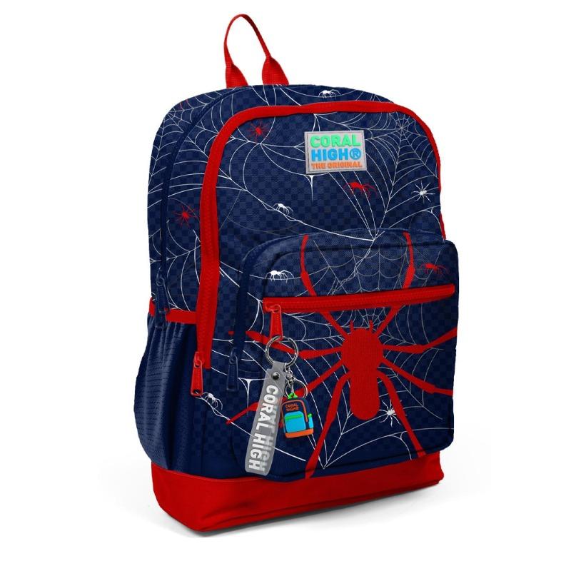 Coral High Kids School Backpack Spider Patterned Navy Blue Red