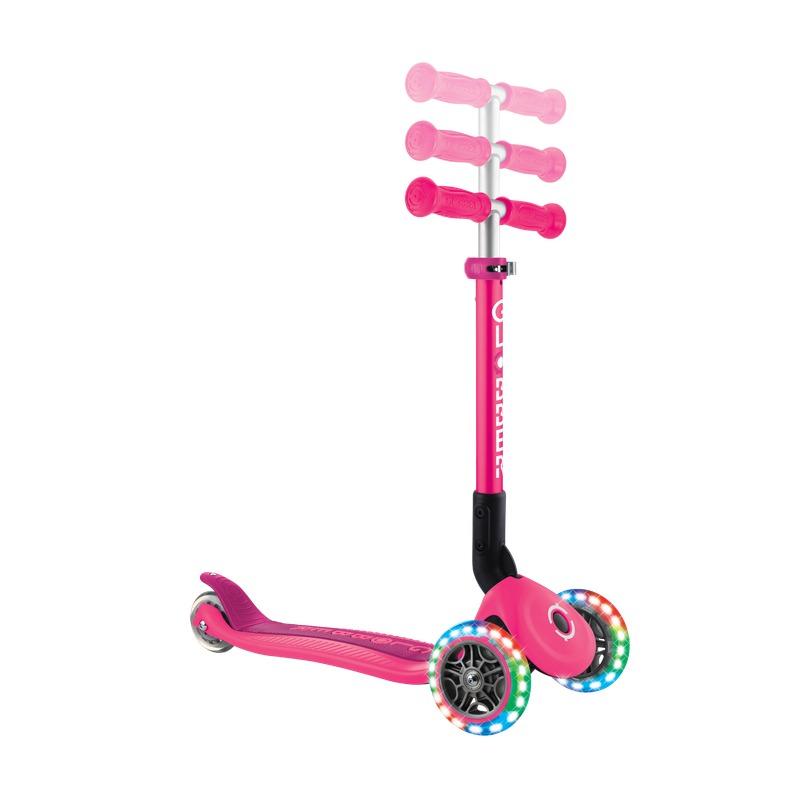 Globber Junior Adjustable Foldable Kids Scooter with LED Lights – Neon Pink