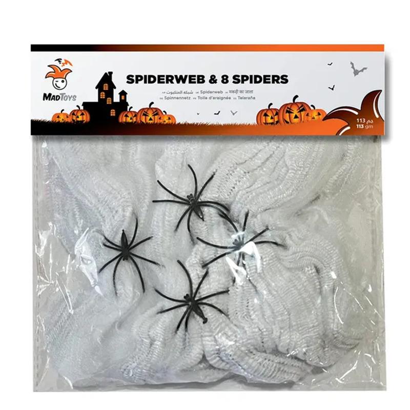 Mad Toys Creepy Black Spiders With White Spider Web Halloween - 8 Pcs
