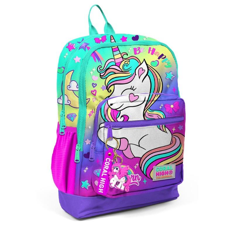 Coral High Kids School Backpack Lavender Aqua Green Unicorn Patterned
