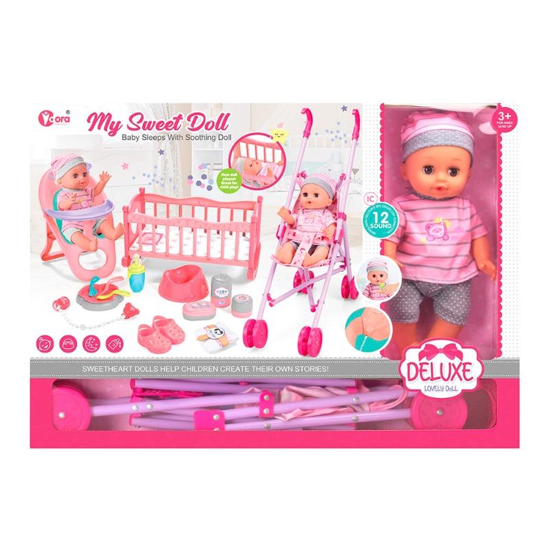 فيدورا - دمية الطفل مع إكسسوارات مجموعة أدوات التغذية وعربة الأطفال والمهد أ