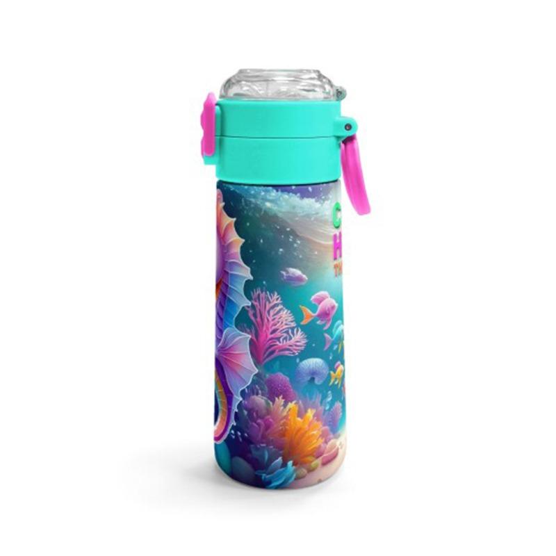 Coral High Kids - Seahorse Patterned Straw and Direct Drinking Steel Thermos 500 ml
