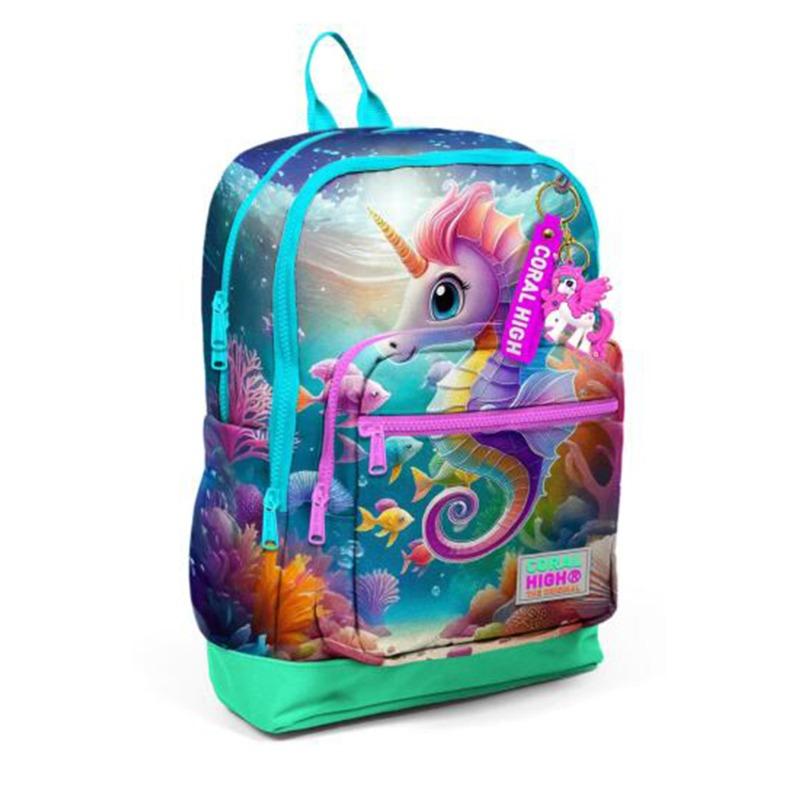 كورال هاي كيدز - حقيبة ظهر مدرسية بأربعة أقسام، مزينة بنقشة حصان البحر باللون الأزرق والأخضر