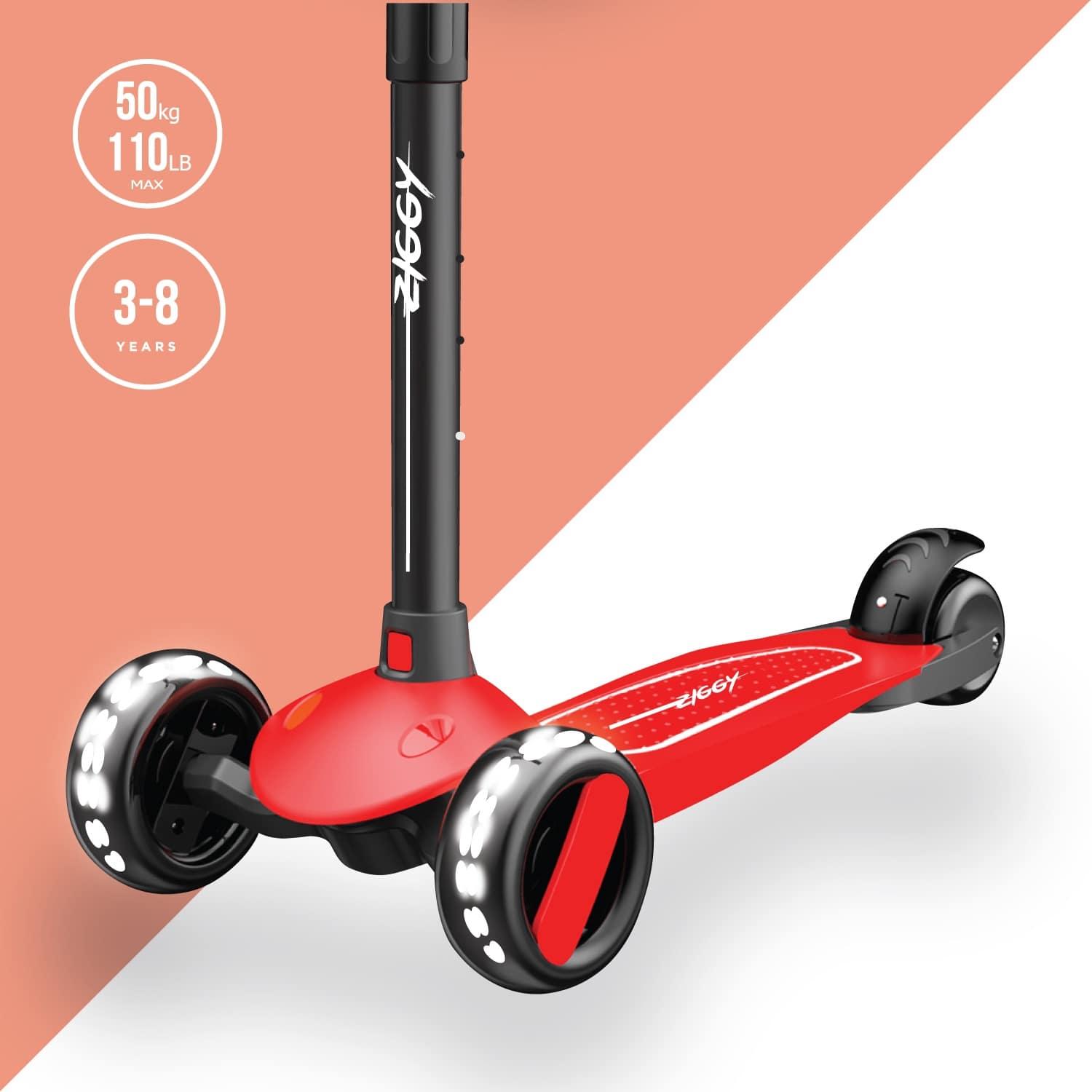 Ziggy 3 Wheel Tilt Scooter With LED Light - Red