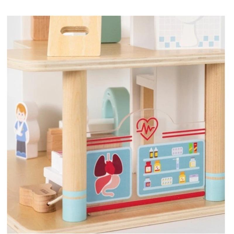 Viga Wooden Hospital Set with Ambulance Lift - 15 Pieces