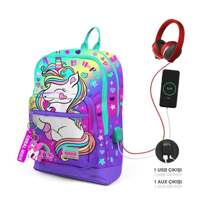 Coral High Kids Lavender Water Green Unicorn Patterned USB School Backpack