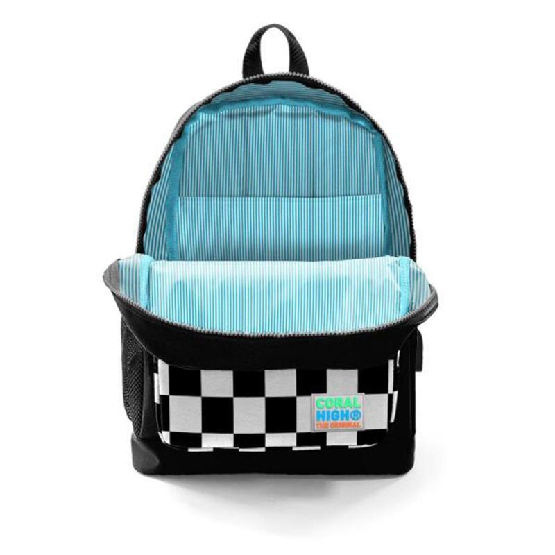 Coral High Kids School Bag - Black with Checkerboard Pattern - With USB Port