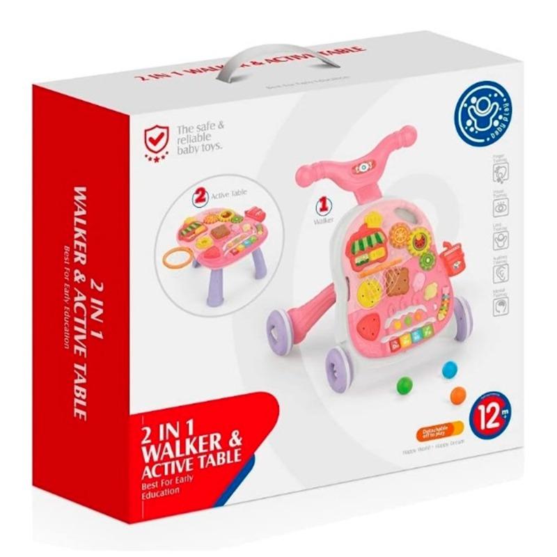 هوانجر - مشاية المشي والأنشطة 2 في 1 مع طاولة النشاطات لون وردي