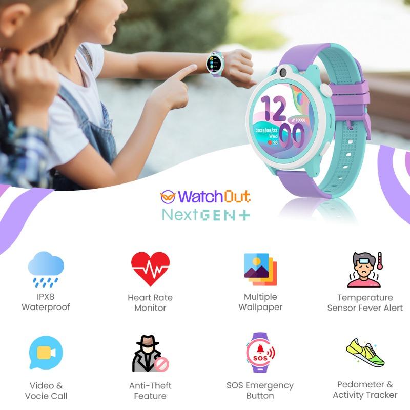 WatchOut Next-Gen+ Kids Phone Smartwatch with GPS Tracking, Heart Rate, Fever Alert, 4G Sim Enabled, Audio-Video Call, Convirtible Air Tag, Changeable Dial Ring, SOS & Parental Lock (Lavender Purple)