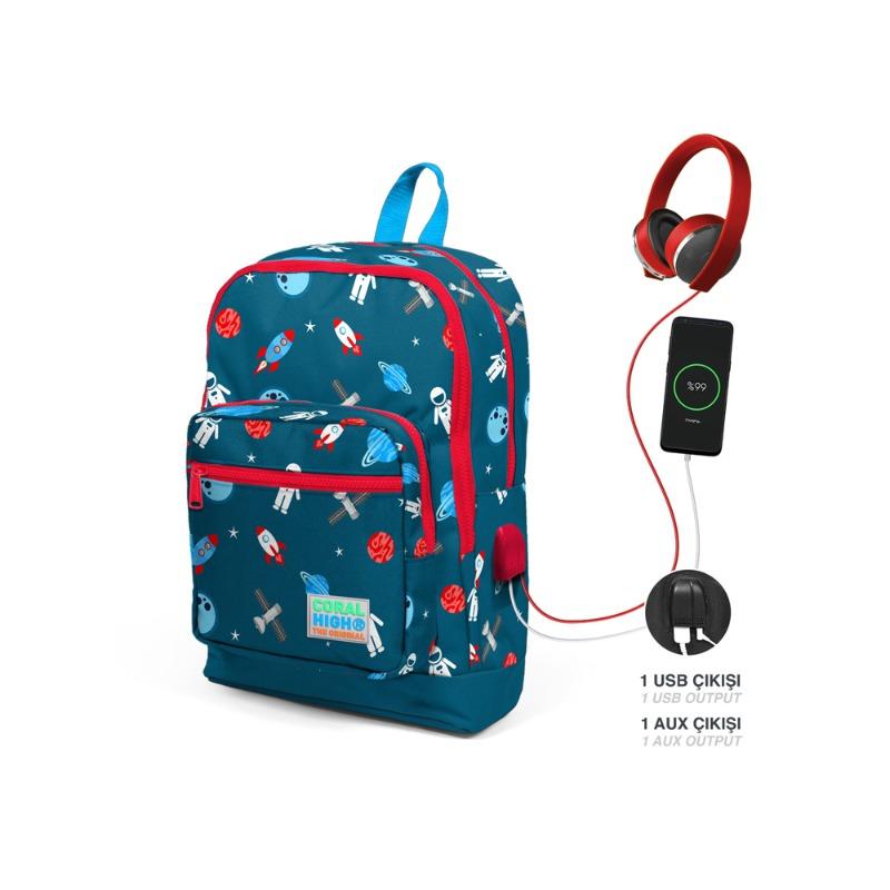 Coral High Kids Indigo Red Space Patterned USB School Backpack