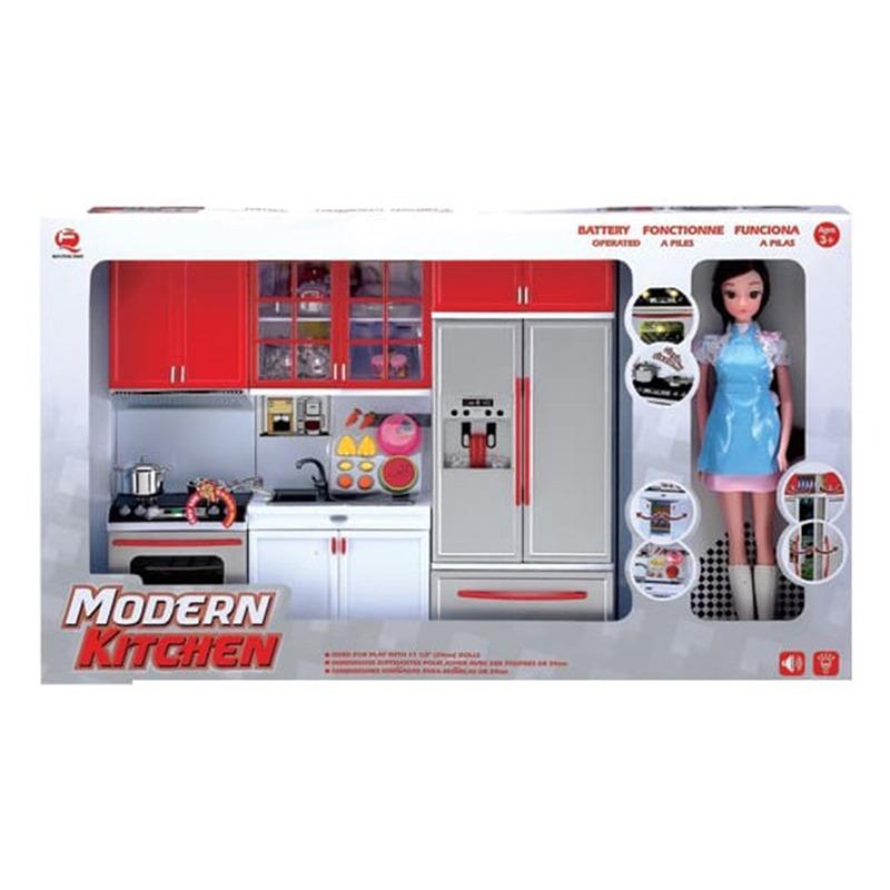 مجموعة أدوات المطبخ بأضواء وأصوات مع دمية فستان سماوي - لون أحمر