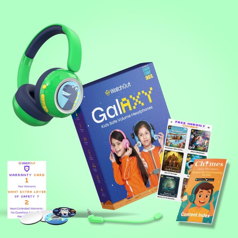 سماعة رأس للأطفال بتقنية صوت آمن وفق معايير منظمة الصحة العالمية، مع قصص صوتية تعليمية مجانية ومغناطيسات للزينة، تعمل بتقنية البلوتوث والسلك وتحتوي على مايكروفون للاستخدام المدرسي والسفر – تصميم ديناصور أخضر
