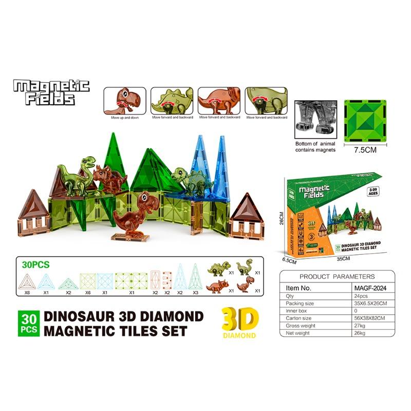 Magnetic Fields Dinosaur 3D Diamond Magnetic Tiles Set - 30 Pcs