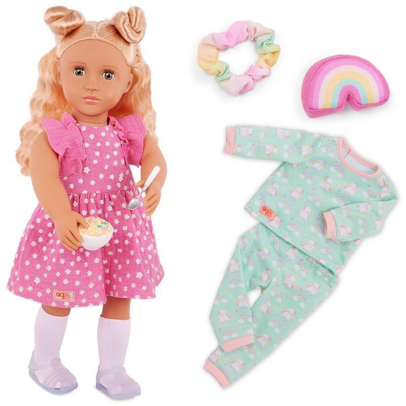 Our Generation Gillian Doll with Pink Dress & Rainbow Pajama Outfit