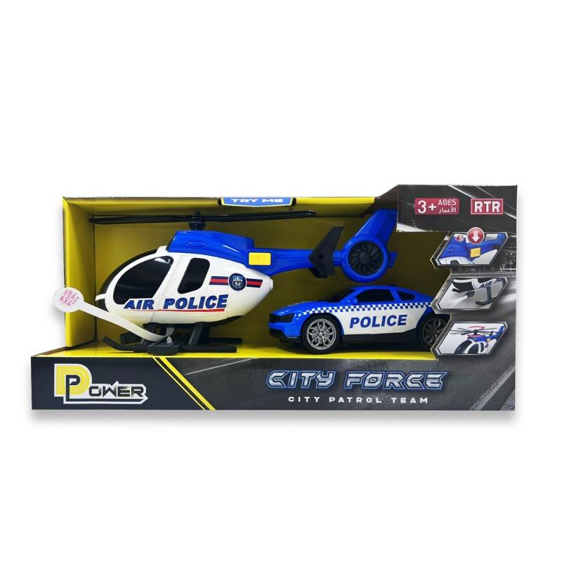 D-Power Helicopter & Sports Car 1:14 Scale Firemen Playset – Blue