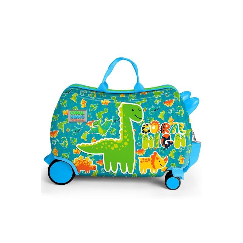 Coral High Kids Blue Green Dinosaur Patterned Sit-and-Pull Children's Suitcase