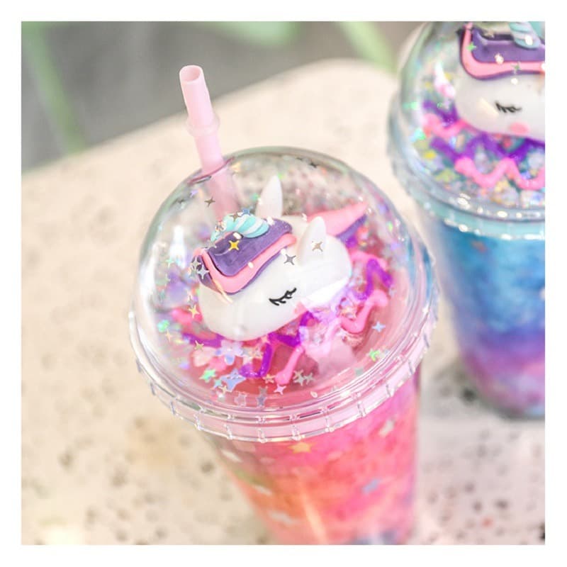 Unicorn Water Bottle Straw Type With Lid 500ml - Multicolors