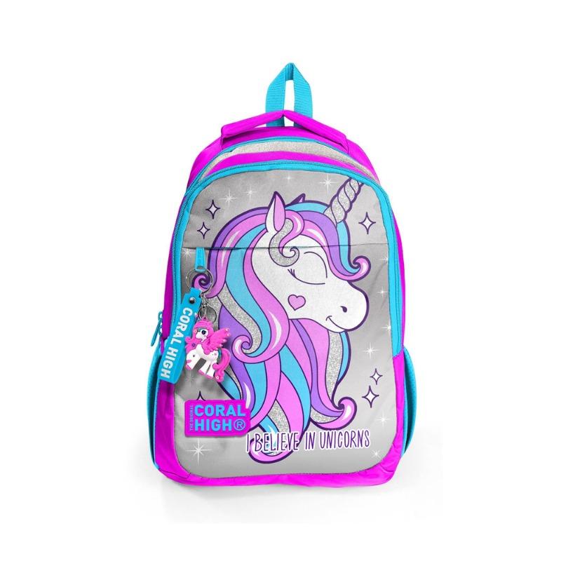 Coral High Kids School Backpack Pink Silver Glitter Unicorn Patterned
