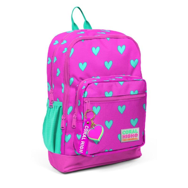 كورال هاي كيدز حقيبة ظهر مدرسية وردي نيون أخضر مائي بنقشة قلب