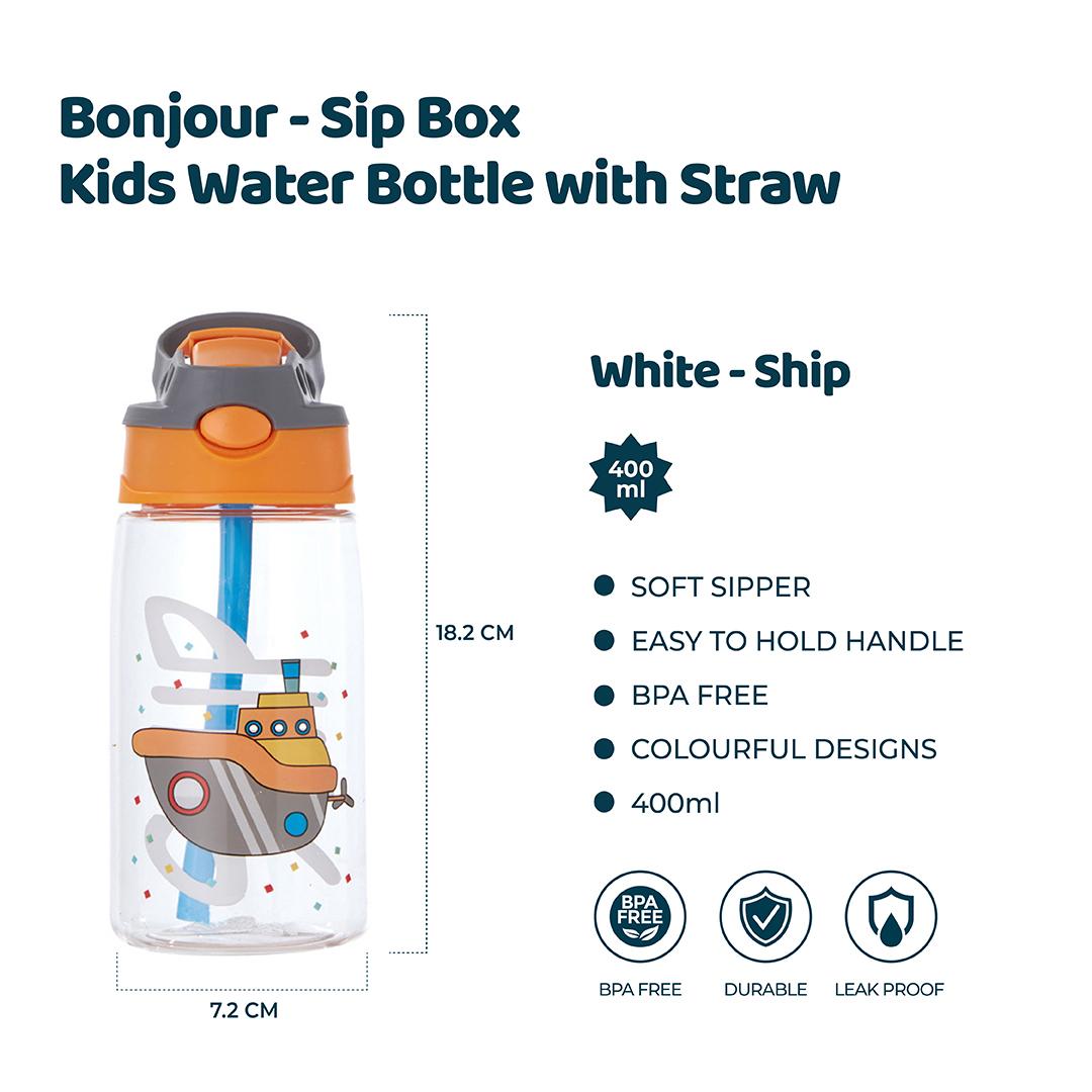 Bonjour Kids Water Bottle Toddler Cup With Straw Spill Leakproof 400ml - White Ship