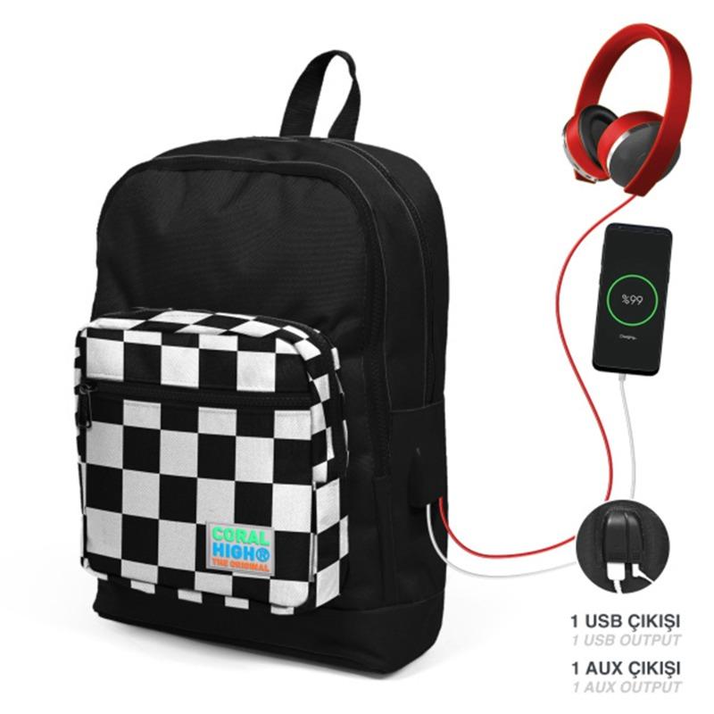 Coral High Kids School Bag - Black with Checkerboard Pattern - With USB Port