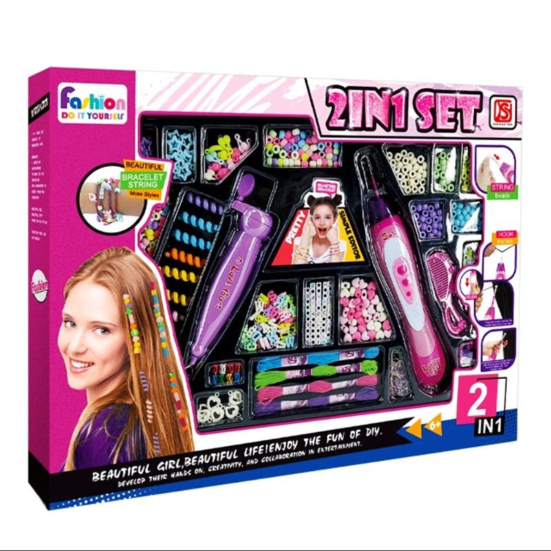 مجموعة تصفيف الشعر مع الخرز الملون و ماكينة تجديل2 في 1