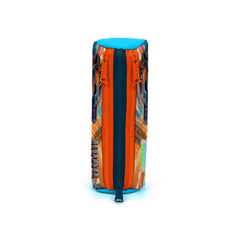 Coral High Kids Blue Orange High Wheels Truck Patterned Three Compartment Pencil Bag