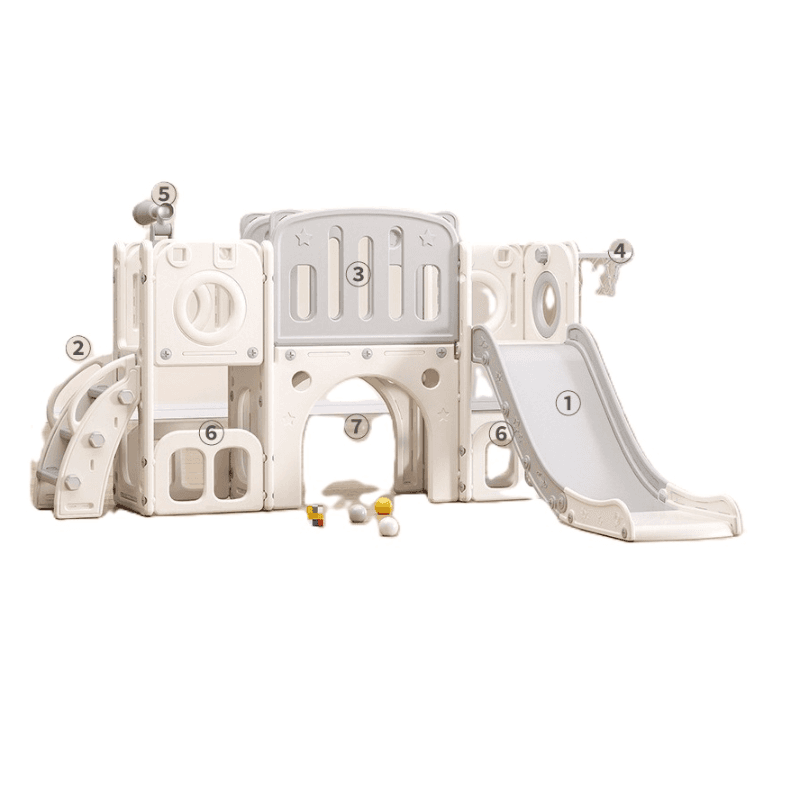 6-in-1 Children's Play Slide with Two Platforms, Basketball Hoop, and Storage