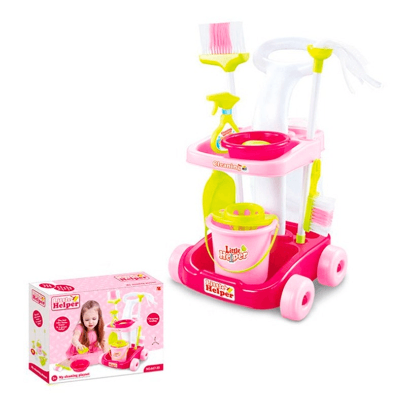 عربة مجموعة اداوت التنظيف لون وردي