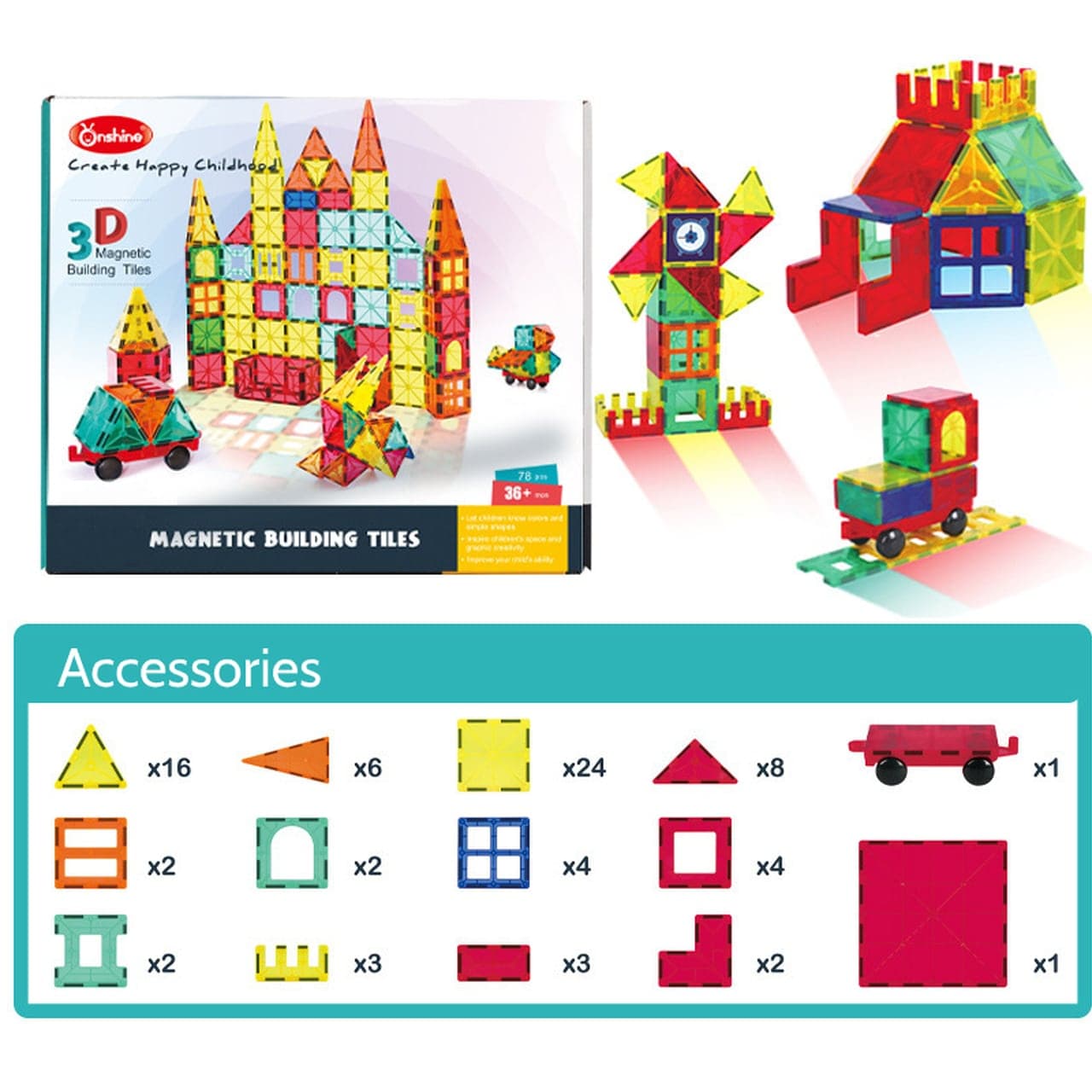 Onshine 3D Magnet Building Tiles - 78 Pcs thumbnail 3