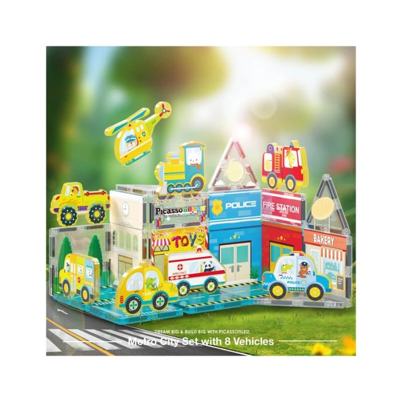 Picasso Tiles Magnetic 3D Metro City Set with 8 Vehicles 50 Pcs thumbnail 2