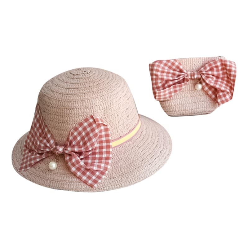 Checked Bow White Hat And Bag - Pink