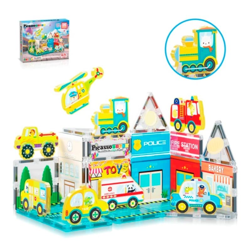 Picasso Tiles Magnetic 3D Metro City Set with 8 Vehicles 50 Pcs