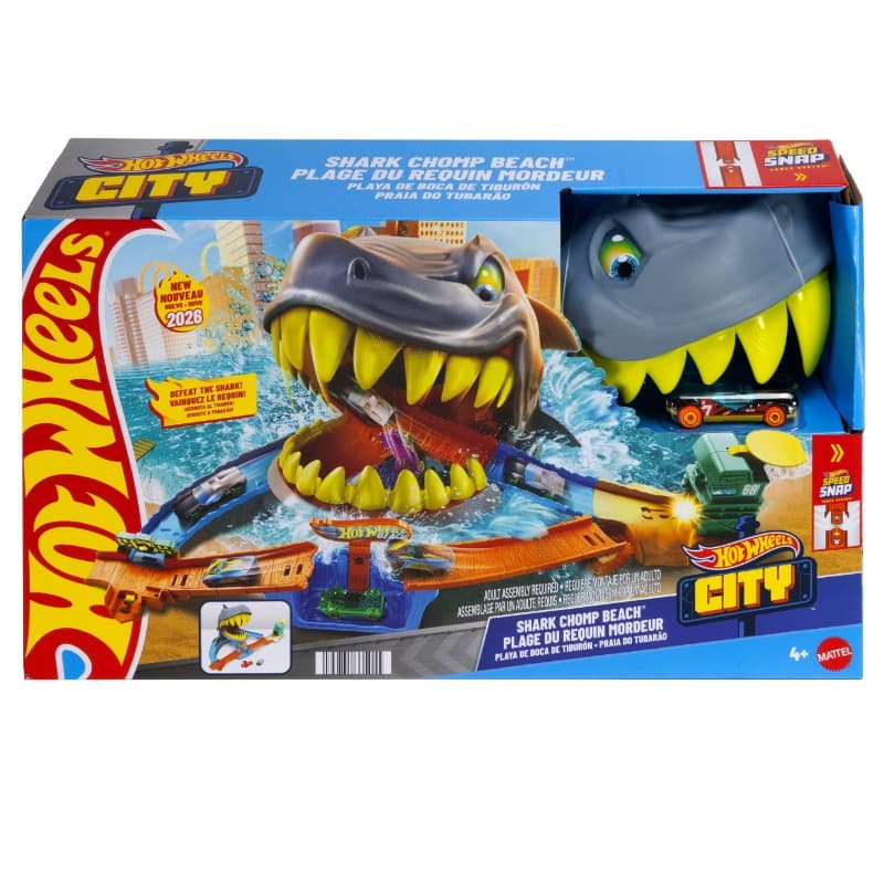 Hot Wheels Toy Car Track Set City Shark Chomp Beach Playset 1:64 Scale