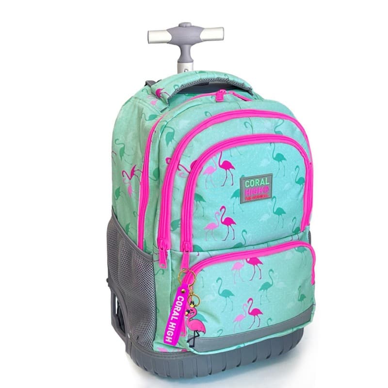 Coral High Kids Trolley Backpack & School Bag Flamingo Patterned Water Green Colored