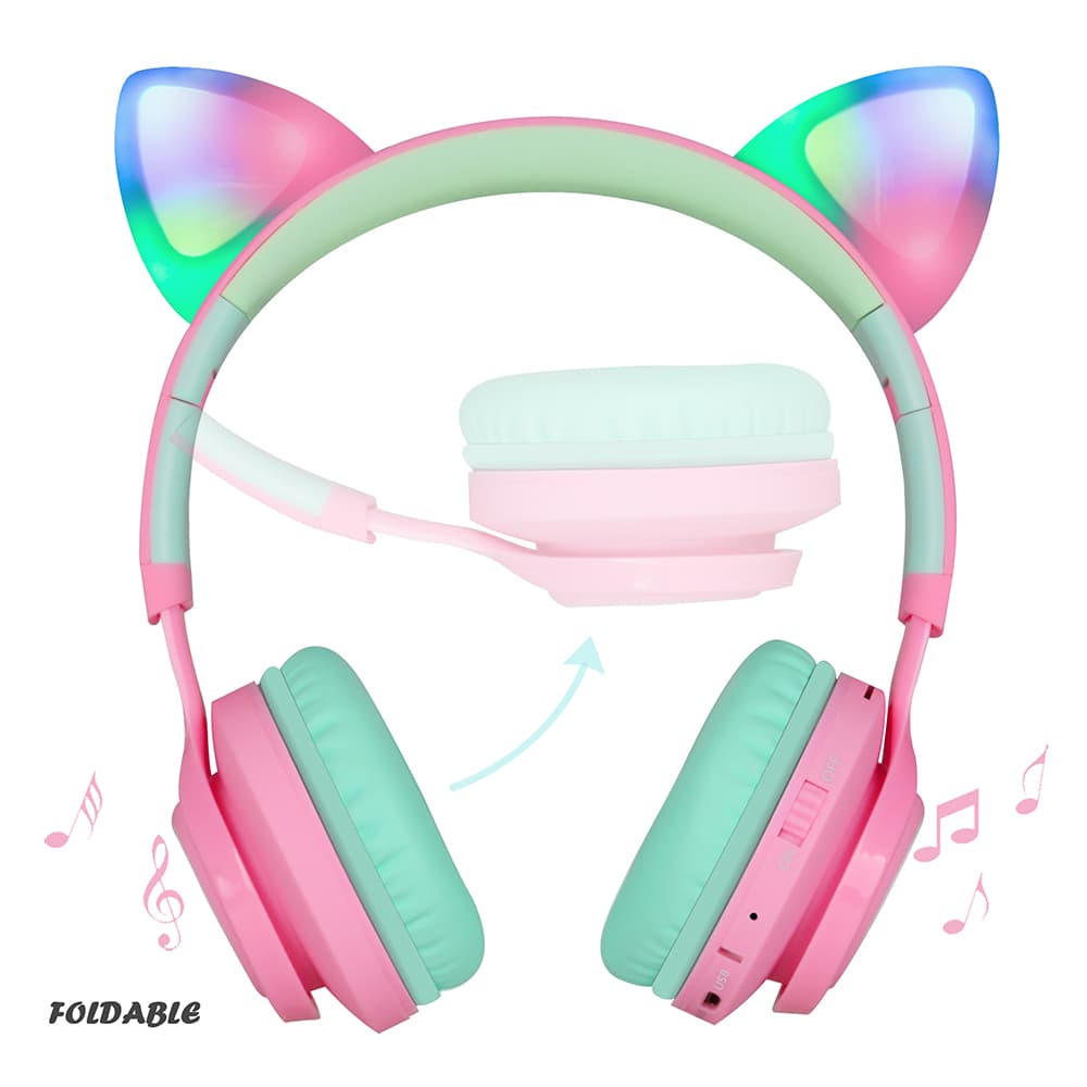 Riwbox Cat Ear Bluetooth Headphones - Pink green